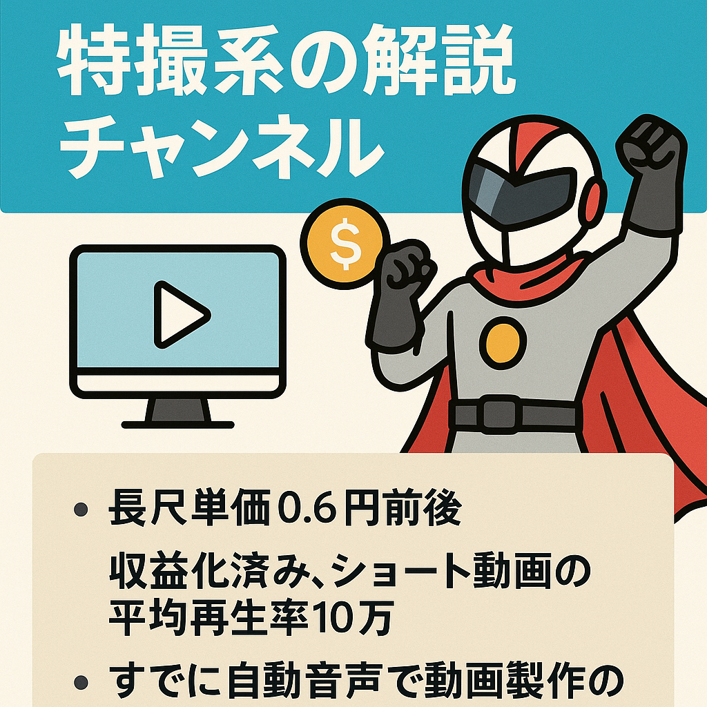 即運用可能！最高月収20万超え！特撮系の解説チャンネル（5万人超え）（フル外注運用可能）