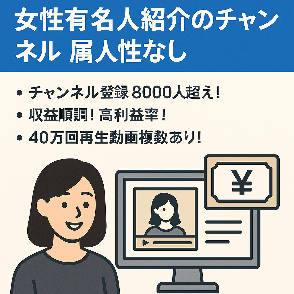 【最終値下げ】最高収益16.2万！女性有名人紹介チャンネル 属人性なし
