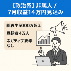 【政治系】非属人 / 7月収益14万円見込み / 政治解説ジャンル/ 総再生5000万超え／登録者4万人 / 再現性の高い人気ジャンル