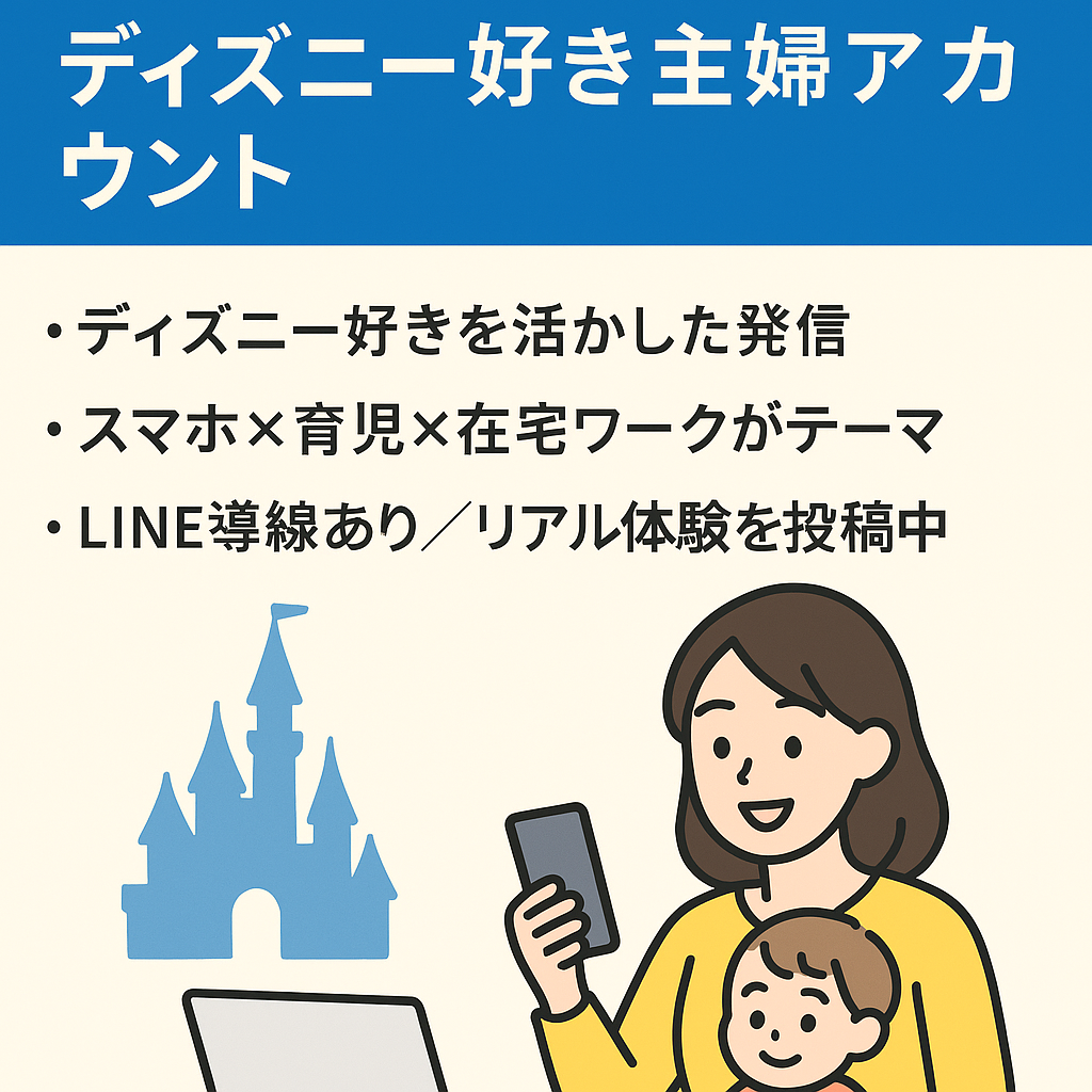 【ママ向け×在宅ワーク訴求】ディズニー好き主婦の夢実現アカウント｜フォロワー1,100人超え！