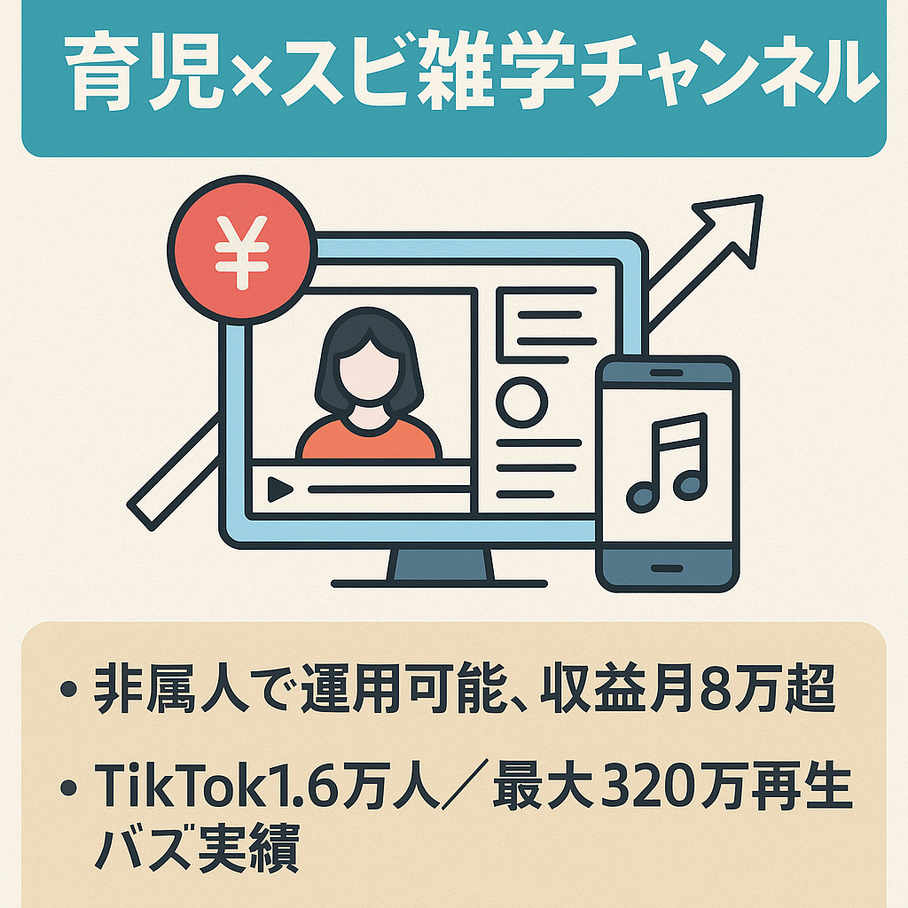 【広告収益8万円！総フォロワー1.8万人】非属人・顔出し不要/育児×スピ雑学チャンネル/収益化済みYouTube（登録者2000人）＆TikTok（フォロワー1.6万人）/急成長中