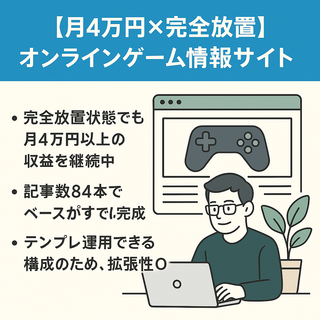 【月4万円×完全放置】オンラインゲーム情報サイト｜テンプレ付き×継続収益×拡張性◎