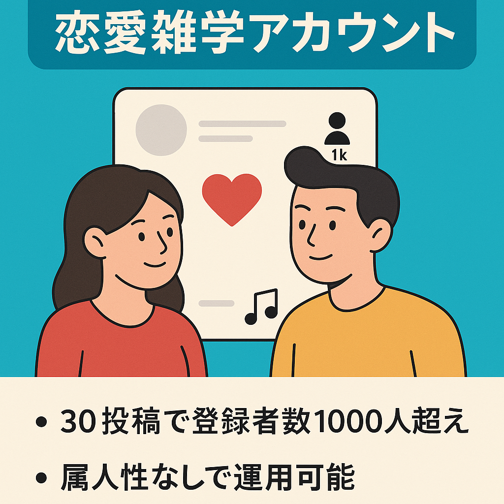 【登録者数1,000人超え/ BGM収益あり/ 0からアカウントを育てたくない方にオススメ！】属人性なしの恋愛雑学アカウント