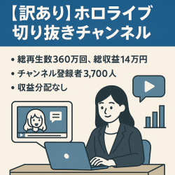 訳あり：ホロライブ切り抜きチャンネル★チャンネル登録者数3,700人★最高月収約9万円