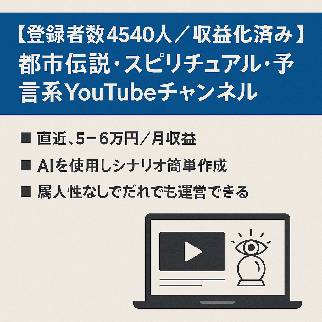 ★最終値下げ★【登録者数4540人／収益化済み／簡単AI作成】非属人化／都市伝説・スピリチュアル・予言系YouTubeチャンネ ル